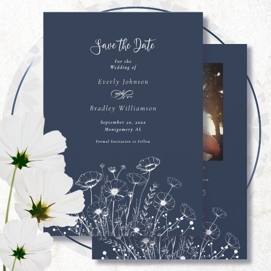 Dark Navy White Wildflower Save the Date Wedding Kaart