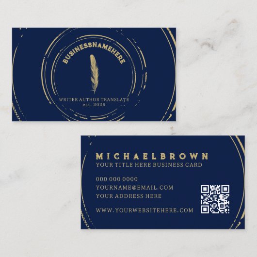 Dark Navy Writer Mobile Notaris Gouden QR-code Visitekaartje (Voorkant / Achterkant)