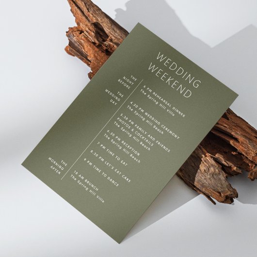 Dark Olive Green Wedding Welkom. Weekendtijdlijn Kaart