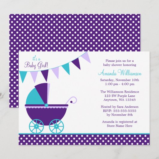 Dark Paarse Blauwgroen Bunting Carriage Baby showe Kaart (Voorkant / Achterkant)