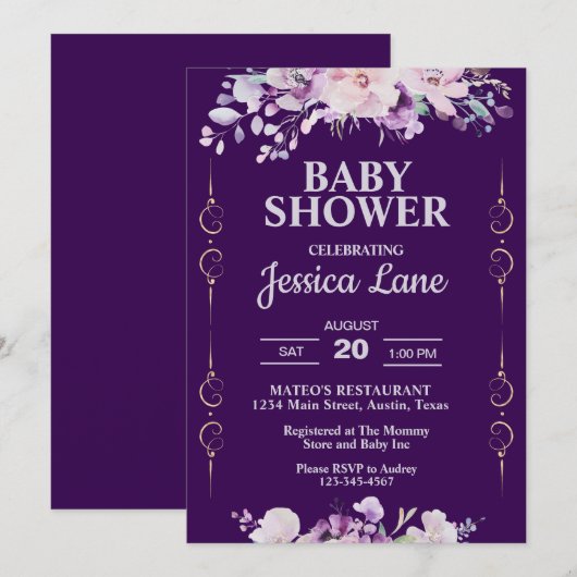 Dark Paarse Floral Baby shower Kaart (Voorkant / Achterkant)