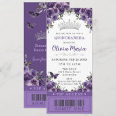 Dark Paarse Plum Floral Quinceañera VIP Ticket Kaart (Voorkant / Achterkant)