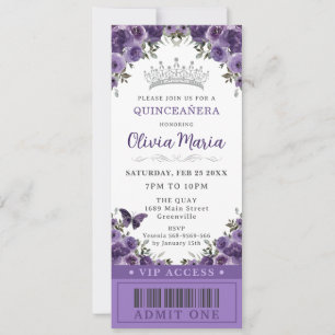 Dark Paarse Plum Floral Quinceañera VIP Ticket Kaart