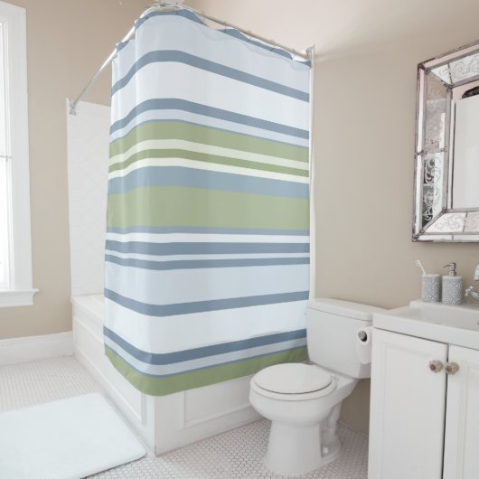 Dark Pastel Blue and Spring Rain Stripes Douchegordijn (In situ)