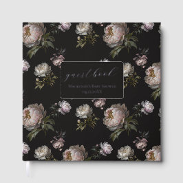 Dark Peony Flowers Foil Baby Shower Guestbook Gastenboek