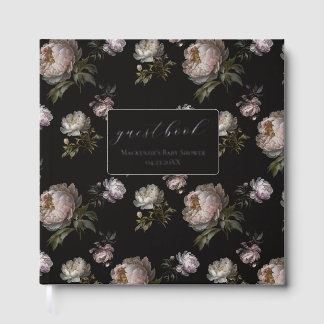 Dark Peony Flowers Foil Baby Shower Guestbook Gastenboek