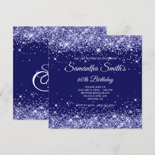 Dark Periwinkle Glitter Indigo Blue 60th Birthday Kaart (Voorkant / Achterkant)