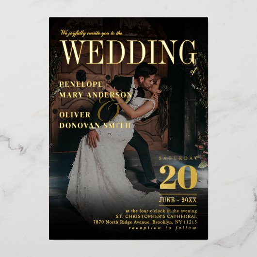 Dark Photo Editorial Magazine Elegant Wedding Gold Folie Uitnodiging (Voorkant)