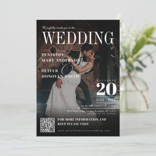 Dark Photo Magazine QR Code Elegant Boho Wedding Kaart (Staand voorkant)