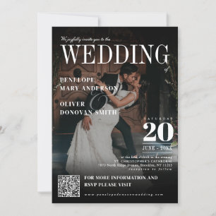 Dark Photo Magazine QR Code Elegant Boho Wedding Kaart