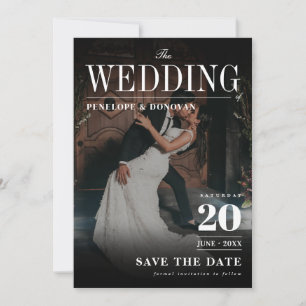 Dark Photo Magazine Type Elegante QR Code Wedding Save The Date