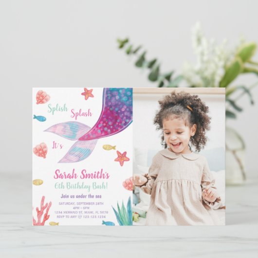 Dark Pink Mermaid Tail Birthday Uitnodiging (Staand voorkant)