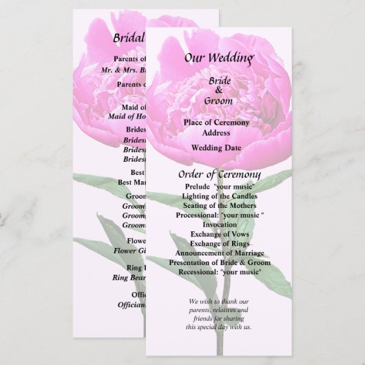 Dark Pink Peony Programmakaart (Voorkant / Achterkant)