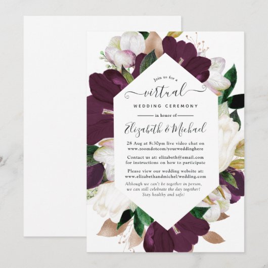 Dark Plum en White Spring Floral Virtual Wedding Kaart (Voorkant / Achterkant)