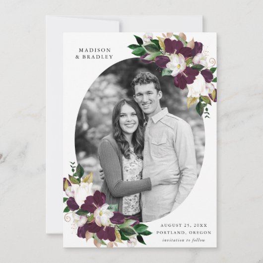 Dark Plum Floral | De foto bewaart de Datum Save The Date (Voorkant)