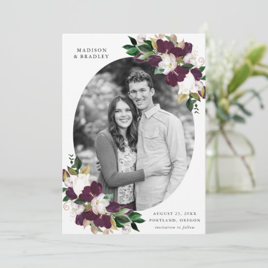 Dark Plum Floral | De foto bewaart de Datum Save The Date (Staand voorkant)