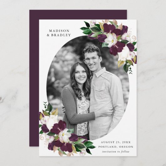 Dark Plum Floral | De foto bewaart de Datum Save The Date (Voorkant / Achterkant)