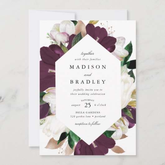 Dark Plum Floral geometrisch Lijst | Bruiloft Kaart (Voorkant)