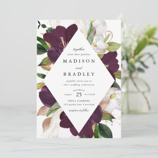 Dark Plum Floral Lijst | Bruiloft Kaart (Staand voorkant)