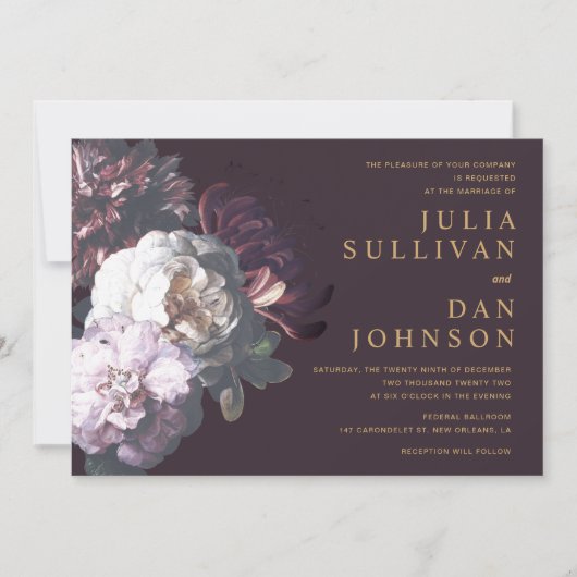 Dark Plum Paarse Moody Floral Wedding Invitation Kaart (Voorkant)