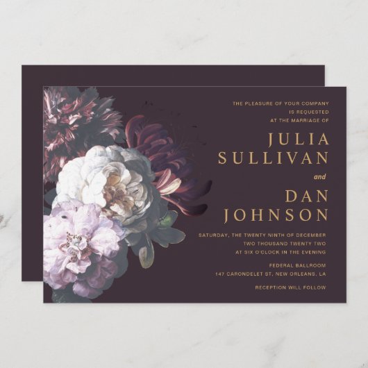 Dark Plum Paarse Moody Floral Wedding Invitation Kaart (Voorkant / Achterkant)