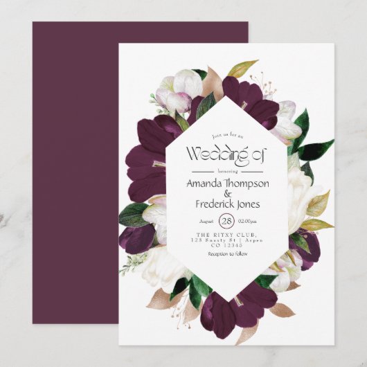 Dark Plum Velvet and White Spring Floral Wedding I Kaart (Voorkant / Achterkant)