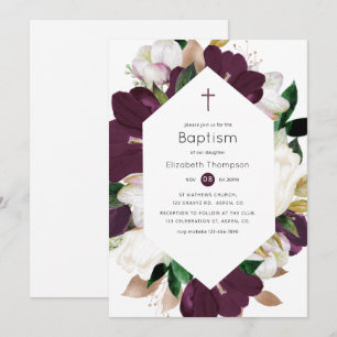Dark Plum Velvet en White Floral Baptism Kaart
