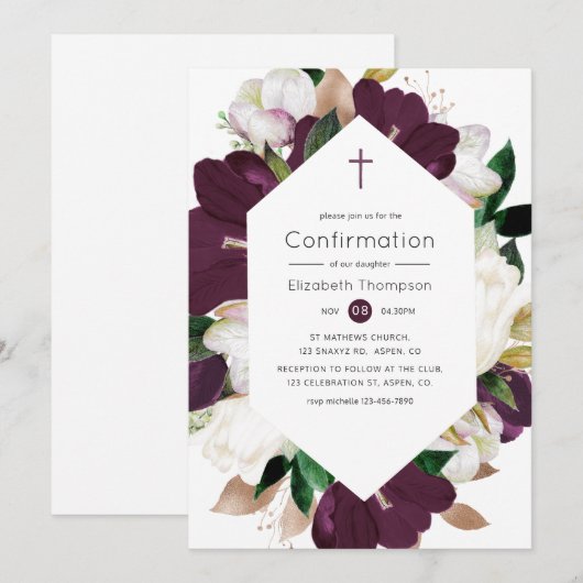 Dark Plum Velvet en White Floral bevestiging Kaart (Voorkant / Achterkant)