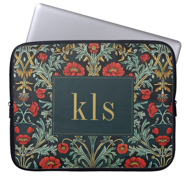 Dark Poppy William Morris Monogram Laptop Sleeve (Voorkant)