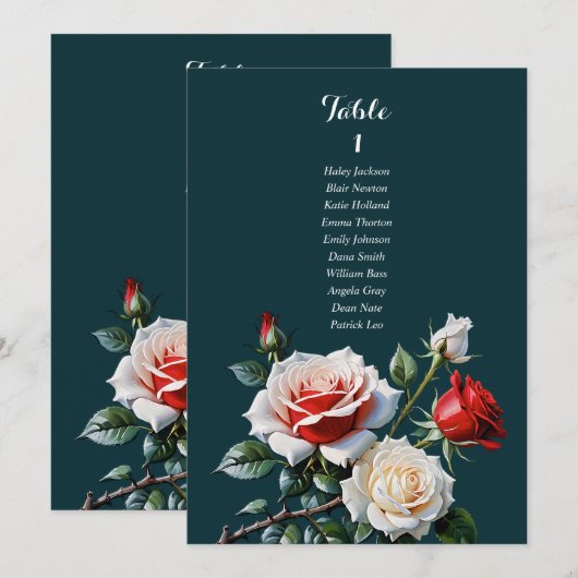 Dark Pretty pink white red rose seating chart card Kaart (Voorkant / Achterkant)