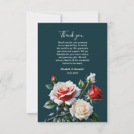 Dark Pretty pink white red roses floral wedding  Bedankkaart
