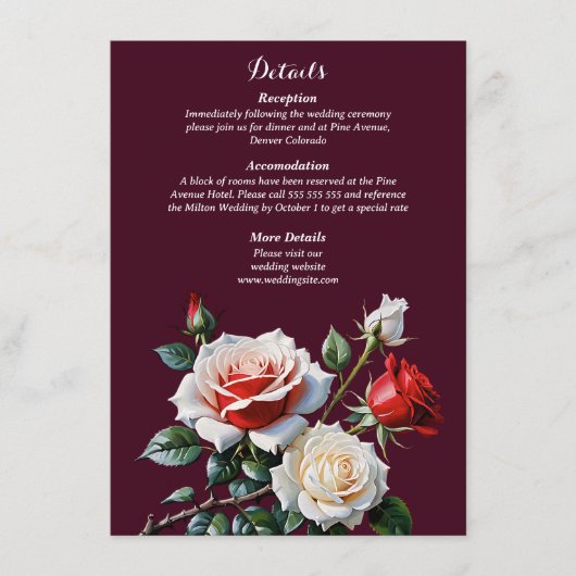 Dark Pretty pink white red roses floral wedding Informatiekaartje (Voorkant)