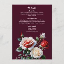 Dark Pretty pink white red roses floral wedding Informatiekaartje