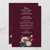 Dark Pretty pink white red roses floral wedding  Menu (Voorkant / Achterkant)