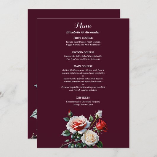 Dark Pretty pink white red roses floral wedding  Menu (Voorkant / Achterkant)