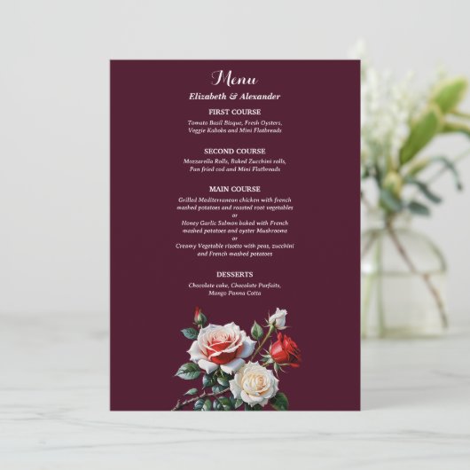 Dark Pretty pink white red roses floral wedding  Menu (Staand voorkant)