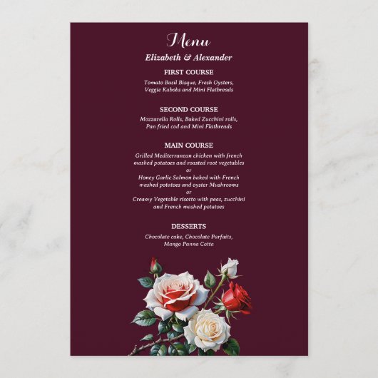 Dark Pretty pink white red roses floral wedding  Menu (Voorkant)