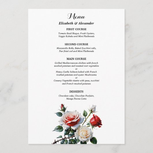 Dark Pretty pink white red roses floral wedding Menu (Voorkant)