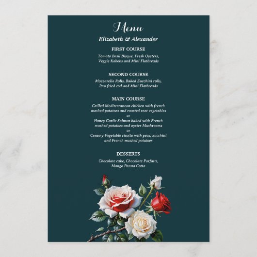 Dark Pretty pink white red roses floral wedding Menu (Voorkant)