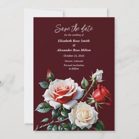 Dark Pretty pink white red roses floral wedding Save The Date (Voorkant)