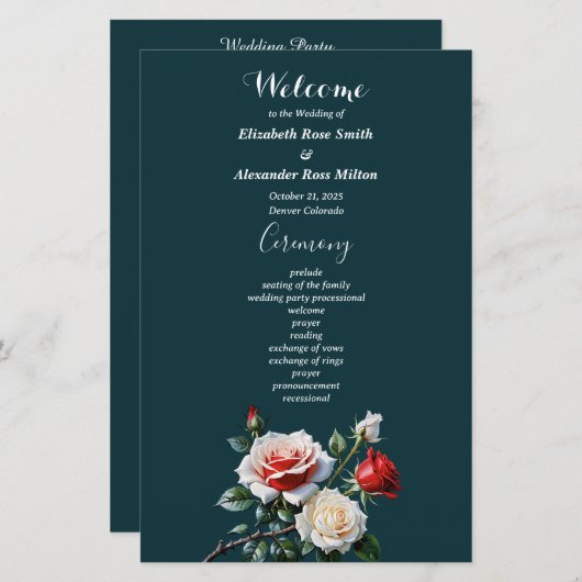 Dark Pretty pink white red roses wedding program (Voorkant / Achterkant)
