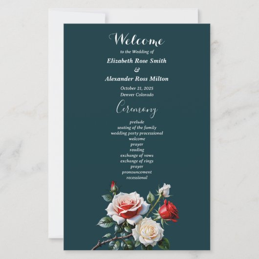 Dark Pretty pink white red roses wedding program (Voorkant)