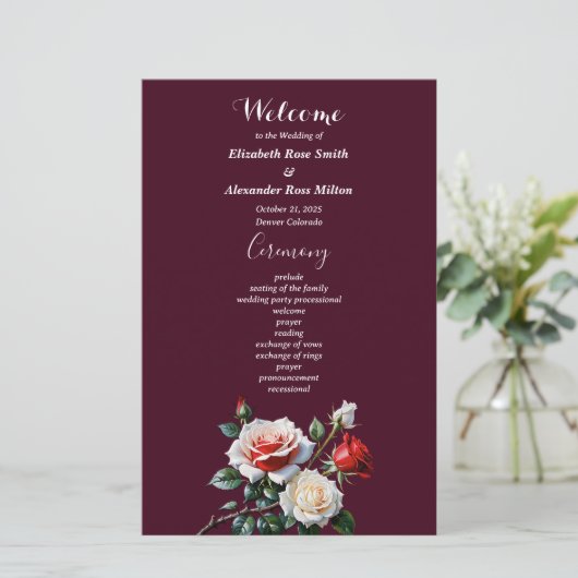 Dark Pretty pink white red roses wedding program (Staand voorkant)