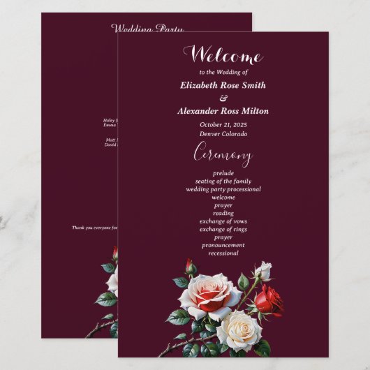 Dark Pretty pink white red roses wedding program (Voorkant / Achterkant)