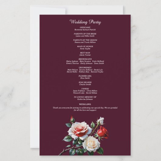 Dark Pretty pink white red roses wedding program (Achterkant)