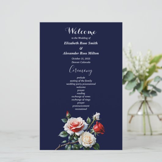 Dark Pretty pink white red roses wedding program (Staand voorkant)