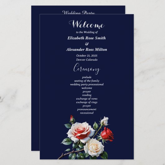 Dark Pretty pink white red roses wedding program (Voorkant / Achterkant)