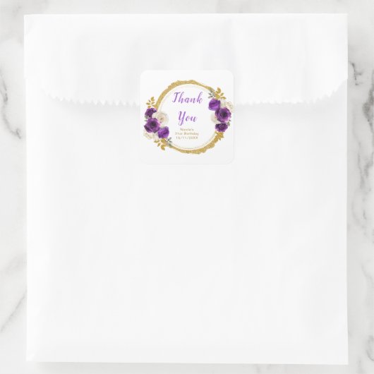 Dark Purple and Gold Elegant Flower Birthday Party Vierkante Sticker (Tas)