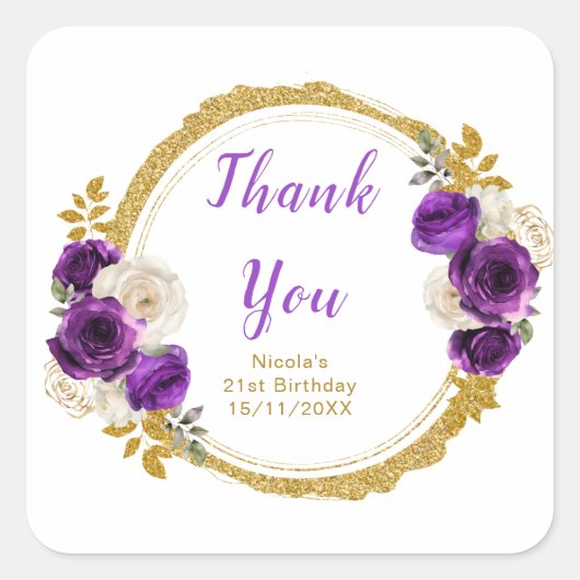 Dark Purple and Gold Elegant Flower Birthday Party Vierkante Sticker (Voorkant)