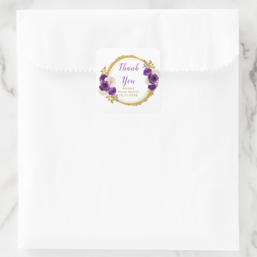 Dark Purple and Gold Elegant Flowers Sweet Sixteen Vierkante Sticker (Tas)
